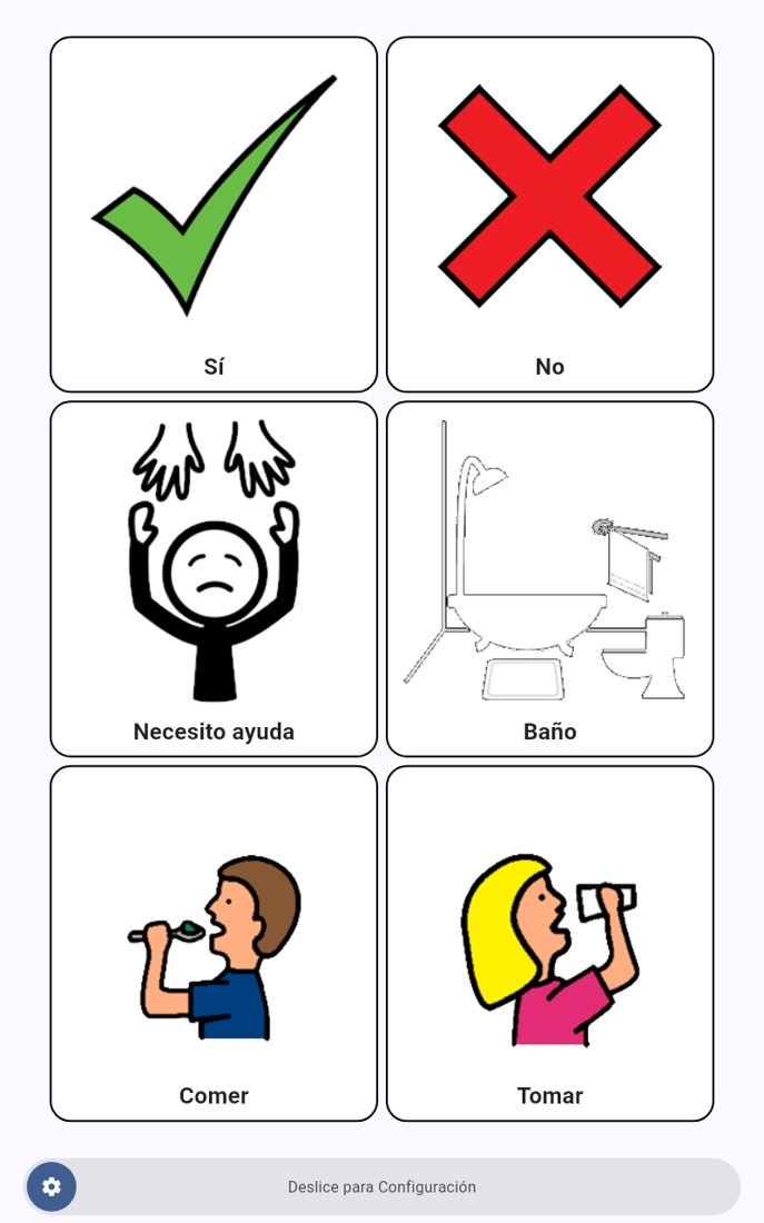 The app in Spanish on a tablet held upright, with large picture buttons labeled in Spanish