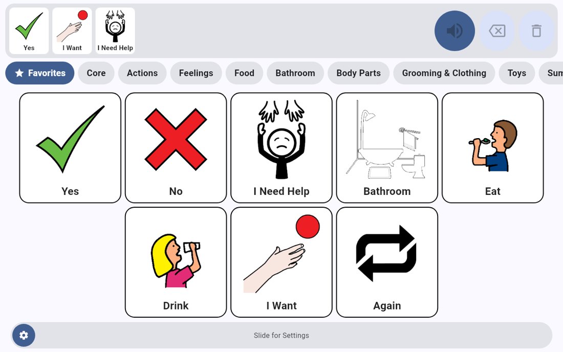Stage 3 of the app: a sentence bar holding the cards Yes, I Want and I Need Help